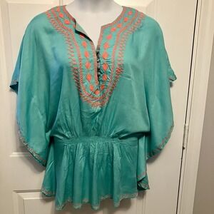 NWT Raviya Medium Blue Green Pink Lightweight‎ Tunic Beach Cover Up Embroidered